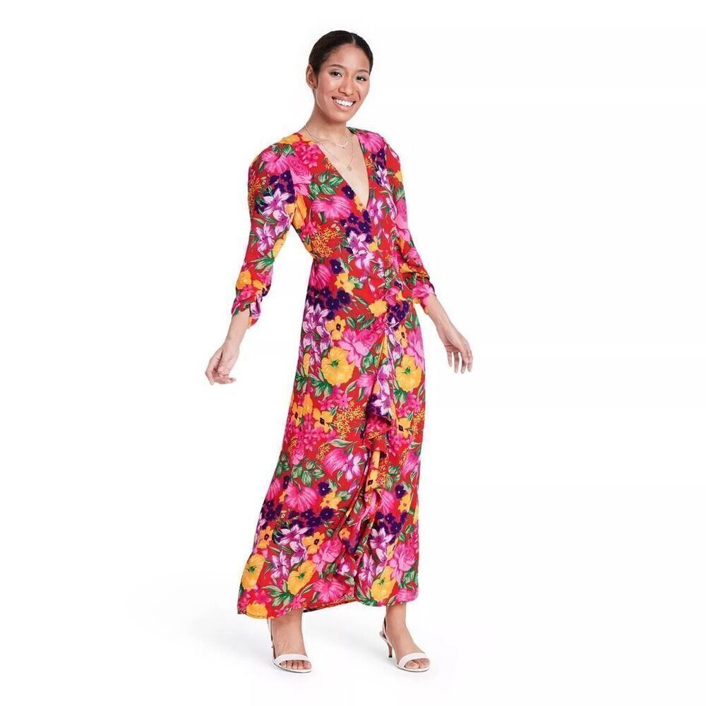 Rixo Collab Floral Open Back Cascade Ruffle Dress in Pink Size 10